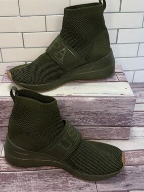 U.S.POLO ASSN Logo Olive Green Knitted Sock High Top Sneakers Women Sz 6.5